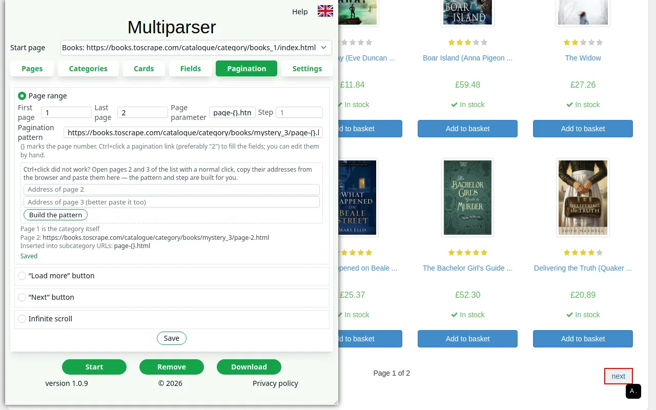 The Pagination tab: pattern page-{}.html